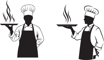 Chefs with Steaming Plates Silhouettes – Minimalist Black & White Vector Icons of Culinary Art and Kitchen Service