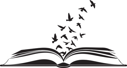 Book with Flying Birds Silhouette – Minimalist Black & White Vector Icon of Imagination and Intellectual Freedom