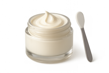 Face cream jar with cosmetic moisturizer and spatula displaying skincare, beauty, and wellness on transparent background