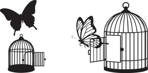 Butterflies Escaping Birdcages Silhouette – Minimalist Black & White Vector Icons of Freedom and Transformation
