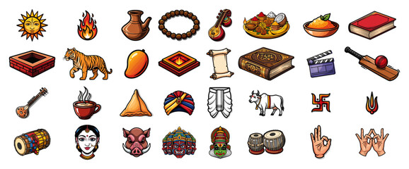 Indian Culture Icon Pack Hindu Festival Objects Food Music Sports Sticker Vector Collection