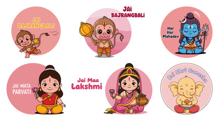 Cute Hindu Gods Sticker Set. Kawaii Cartoon Characters of Hanuman Shiva Ganesha Lakshmi and Parvati