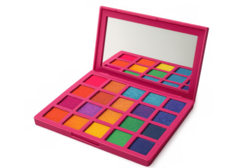 Colorful eyeshadow palette with rainbow shades and mirror on transparent background, beauty product for vibrant makeup