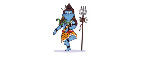Cute Dancing Lord Shiva Cartoon. Hindu God Mahadev with Trishula Vector Illustration