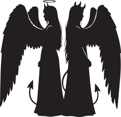 Angel and demon women back-to-back – bold silhouette icon of good vs evil, contrast, and duality