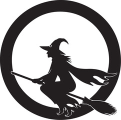 Witch flying on broomstick inside circular frame – bold Halloween silhouette icon with pointed hat and cape