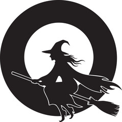 Witch flying on broomstick in front of moon – bold Halloween silhouette icon with cloak and pointed hat