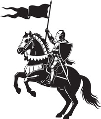 Knight on rearing horse with flag and shield – bold medieval silhouette icon of chivalry and battle