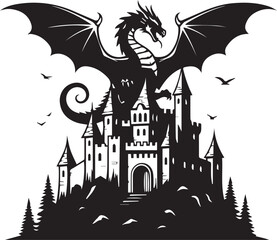 Dragon perched on medieval castle – bold fantasy silhouette icon with wings, towers, and epic atmosphere