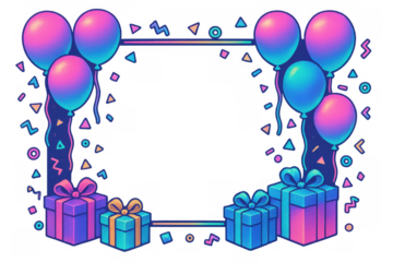 Birthday celebration frame with gradient balloons, gift boxes, and confetti, creative border on transparent background