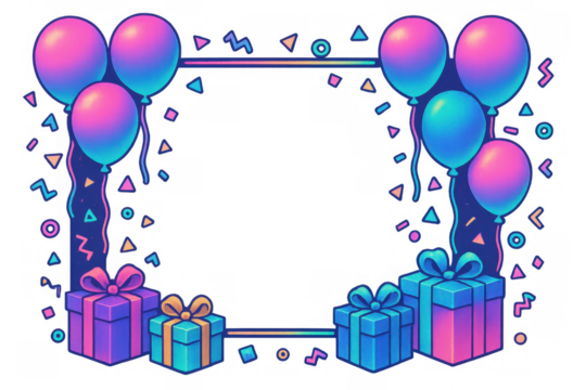 Birthday celebration frame with gradient balloons, gift boxes, and confetti, creative border on transparent background