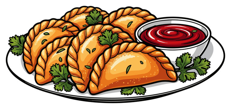 Fried Empanadas with Sauce in a Cartoon Style. Latin American Food Vector