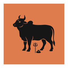 Nandi Bull Silhouette With Trident And Shivling Hindu Symbol Minimal Vector Illustration
