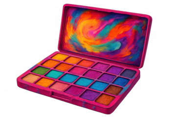 Colorful eyeshadow palette with vibrant, swirling cosmetic colors for creative beauty looks, transparent background