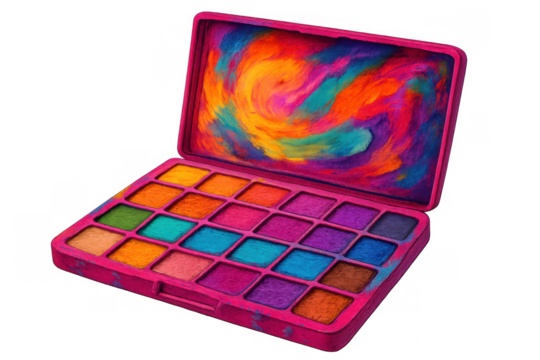 Colorful eyeshadow palette with vibrant, swirling cosmetic colors for creative beauty looks, transparent background