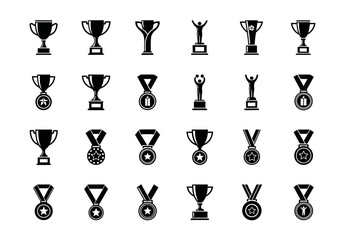A comprehensive set of black glyph icons depicting various trophy cups and award medals. Vector symbols for victory, championships, and success