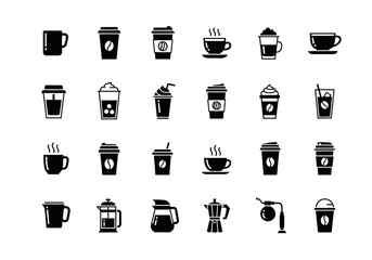 Vector coffee icon set including various cups, drinks, and brewing methods. Solid glyph pictograms for cafe menus and web design