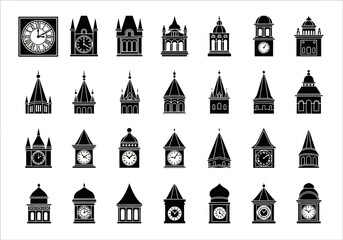 Set of black silhouette clock tower icons on a white background. Vector collection of various architectural building designs and structures