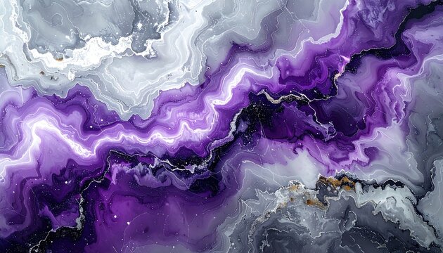 Abstract Purple and Gray Marble Swirls with Gold Accents.