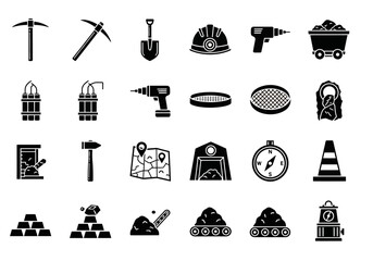 Solid black glyph icon set representing mining tools, coal industry equipment, and gold rush elements for web and print design