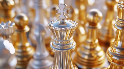 chess battle, victory, success, team leader, teamwork, business strategy, chess gold and silver king surrounded with SILVER and GOLD chess pieces on game competition,  generate by AI