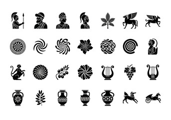 A diverse set of black silhouette icons representing ancient Greek culture, mythology, and historical symbols from Hellenic civilization
