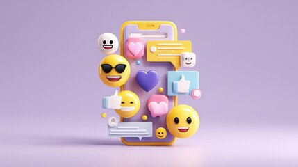 Social communication concept 3D illustration. Icon composition with smartphone display with users accounts at social media, online messaging, emoji and likes. Illustration for modern web design