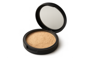 Face powder compact with mirror open, featuring beige cosmetic product for beauty and makeup application