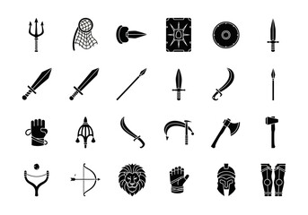 Obraz premium Ancient Roman gladiator weapons and armor black glyphs icon set. Vector collection of historical combat equipment symbols for design