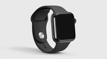 smart watch mockup with black strap, png file of isolated cutout object with shadow on transparent background. Black and digital screen