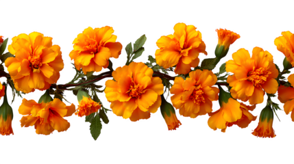 Bright marigold flower garland elements for Diwali and wedding decoration isolated on white background