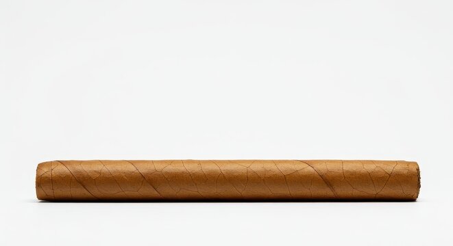 A single, robust, hand-rolled brown cigar rests horizontally against a clean, brilliant white background, highlighting its texture and color ,contrast, cylinder, recreation