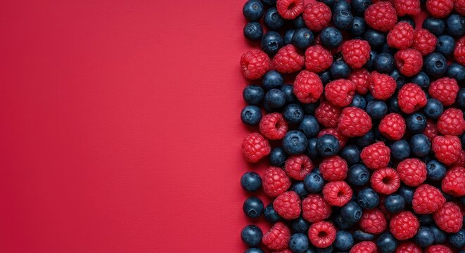 A vibrant, lush background texture created by an abundance of mixed fresh forest berries, offering a healthy food pattern design, texture, full frame, berry