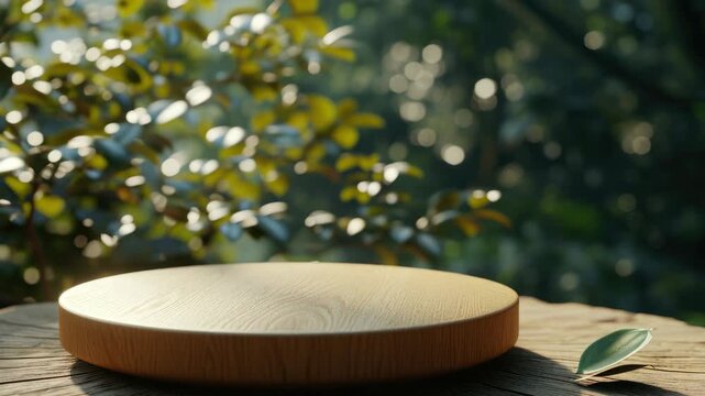 A wooden table with a round wooden surface and a leaf on it. The table is in a forest