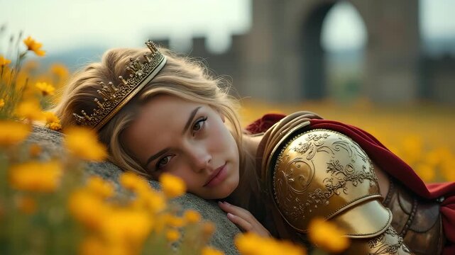 Warrior queen gazing forward beneath castle arch