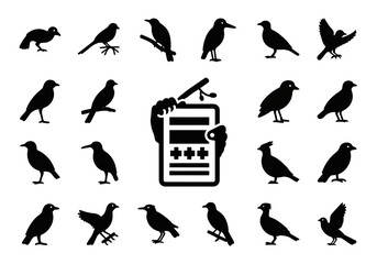 Obraz premium Crow and raven silhouette icon collection with a data checklist for bird counting. Vector graphic set for wildlife observation and ornithology projects
