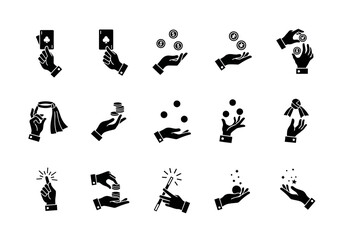 A collection of magician hand gestures and illusionist icons, showcasing sleight of hand with cards, coins, and wands, vector set 2j (846)