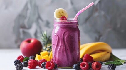 Vibrant berry and fruit smoothie in a mason jar with a straw, surrounded by raspberries, bananas, pineapple, and a marbled background