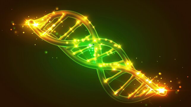 Digital visualization of a glowing, double helix DNA structure rendered in brilliant green and yellow particles on a dark, scientific background