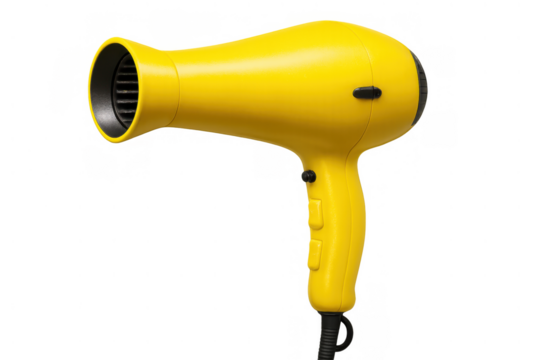 Yellow hair dryer for styling and grooming, professional beauty salon appliance, personal care tool with transparent background