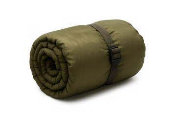 Rolled olive drab sleeping bag with buckle strap for outdoor camping, hiking, and military use, transparent background