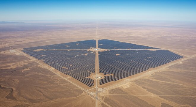 Massive photovoltaic power station spreads across arid desert landscape under a clear blue sky