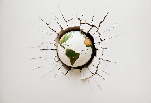 monochrome earth model shattering white surface showing destruction