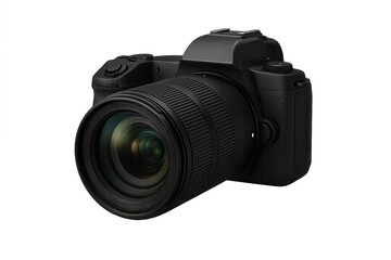Fototapeta premium Professional black digital camera with interchangeable lens for photography and videography on transparent background