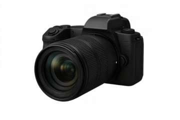 Professional black digital camera with interchangeable lens for photography and videography on transparent background