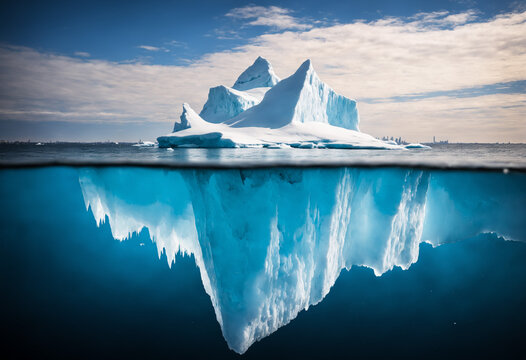 large iceberg showing tip and underwater view in arctic ocean