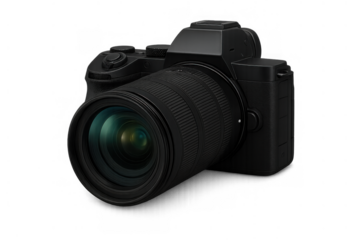 Black modern mirrorless digital camera with lens on transparent background, professional photography equipment