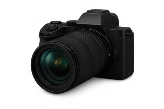 Black modern mirrorless digital camera with lens on transparent background, professional photography equipment