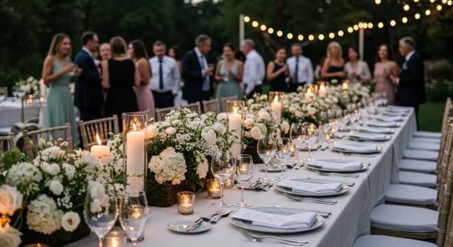Elegant outdoor dinner reception features long, beautifully decorated table with guests mingling in the background