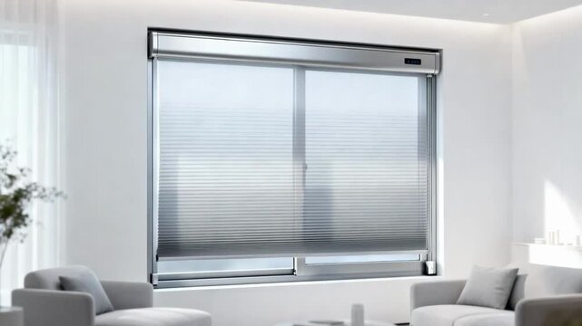 Automated smart window system showcased in medium shot seamlessly controlling light levels through dynamic shading for optimal room brightness.